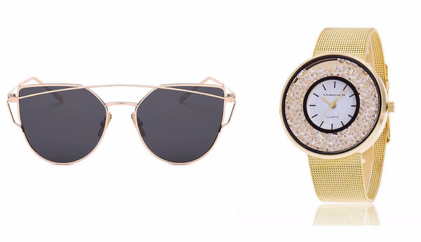 Cat Eye Sunglasses AND Stainless Steel Band Quartz Wtach - Rushy