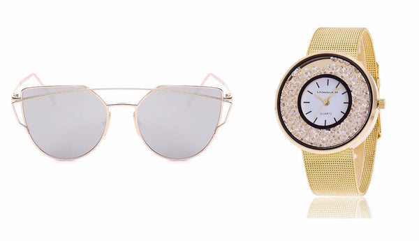 Cat Eye Sunglasses AND Stainless Steel Band Quartz Wtach - Rushy