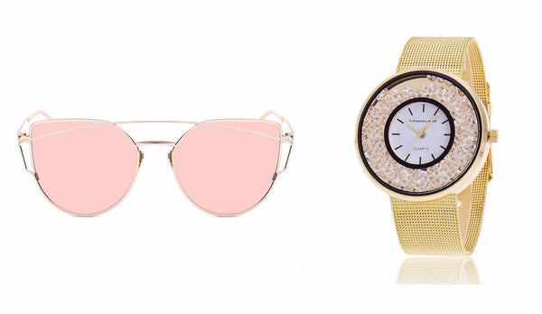 Cat Eye Sunglasses AND Stainless Steel Band Quartz Wtach - Rushy