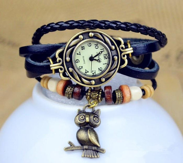 Cute Owl Genuine Cow Leather Bracelet Watch