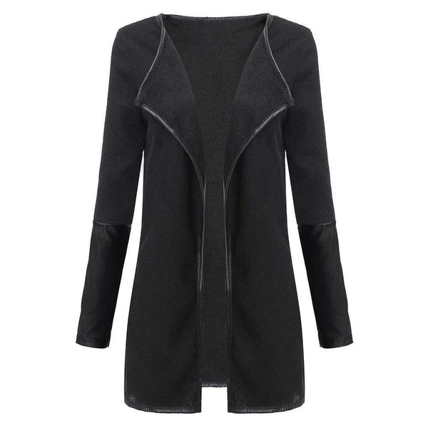 New 2017 Spring Autumn Women PU Leather Sleeve Knitted Cardigan