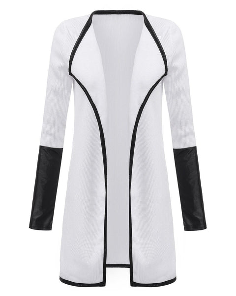 New 2017 Spring Autumn Women PU Leather Sleeve Knitted Cardigan