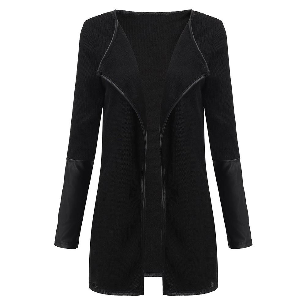 New 2017 Spring Autumn Women PU Leather Sleeve Knitted Cardigan