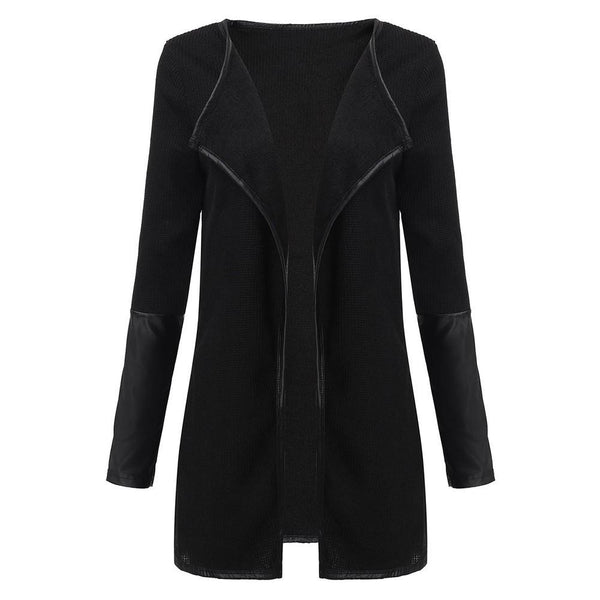 New 2017 Spring Autumn Women PU Leather Sleeve Knitted Cardigan