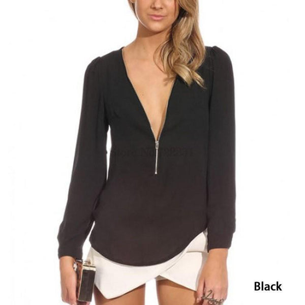Fashion Solid Chiffon V Women Blouse