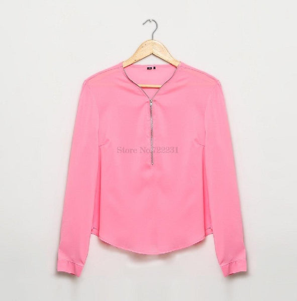 Fashion Solid Chiffon V Women Blouse