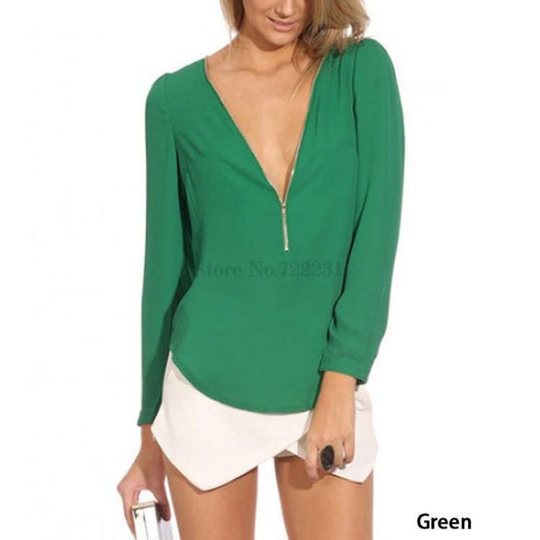 Fashion Solid Chiffon V Women Blouse