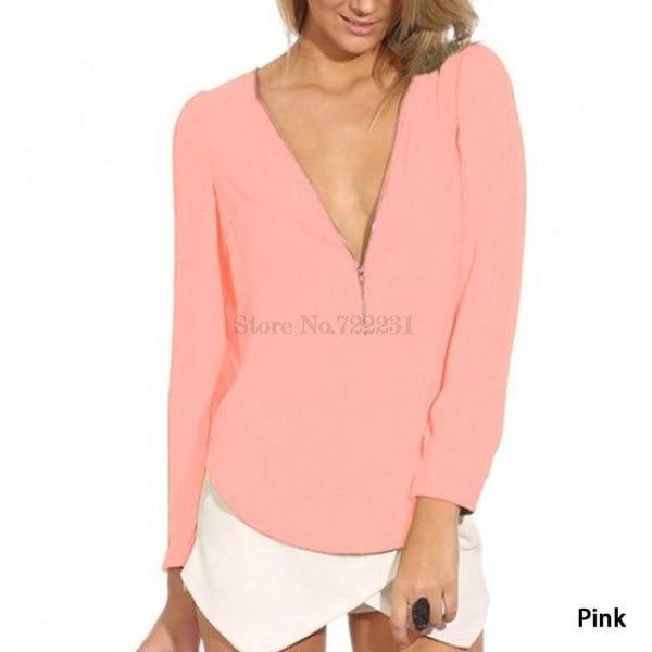 Fashion Solid Chiffon V Women Blouse