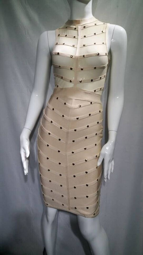 New Beige Beading Sexy Mesh Women Dress