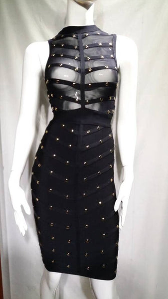 New Beige Beading Sexy Mesh Women Dress