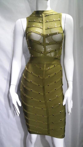 New Beige Beading Sexy Mesh Women Dress