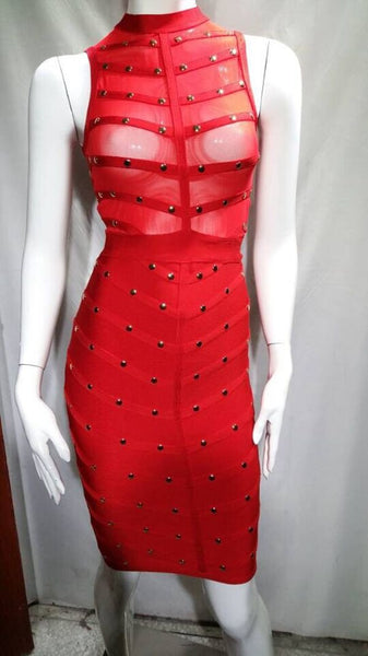 New Beige Beading Sexy Mesh Women Dress