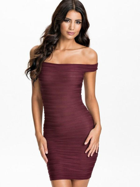 Slash Neck Black Solid Color Short Dress