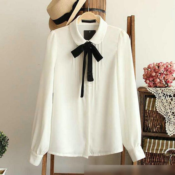 Fashion female elegant bow tie white blouse