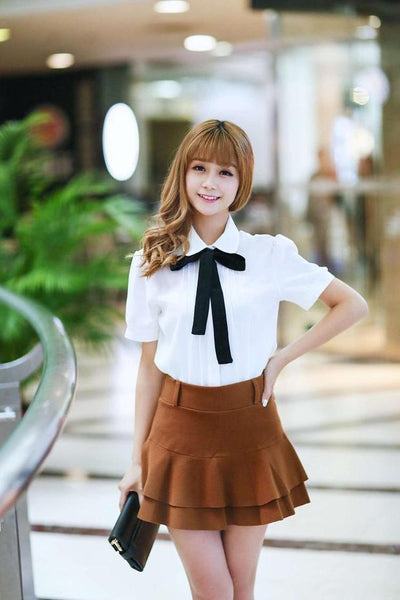 Fashion female elegant bow tie white blouse