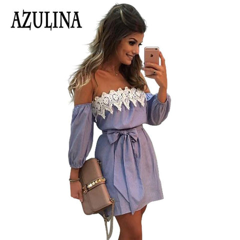 AZULINA  Sexy Off Shoulder Blue Striped Mini Dress