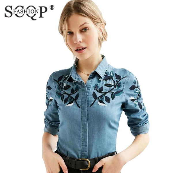 SCQP FASHION Blue Cotton Embroidery Summer Shirt