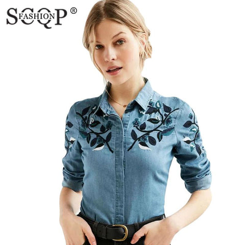 SCQP FASHION Blue Cotton Embroidery Summer Shirt
