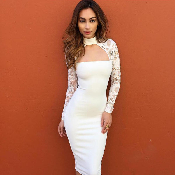 Back Turtleneck Long Sleeve White Black Lace Sexy Club Dress By Dantello