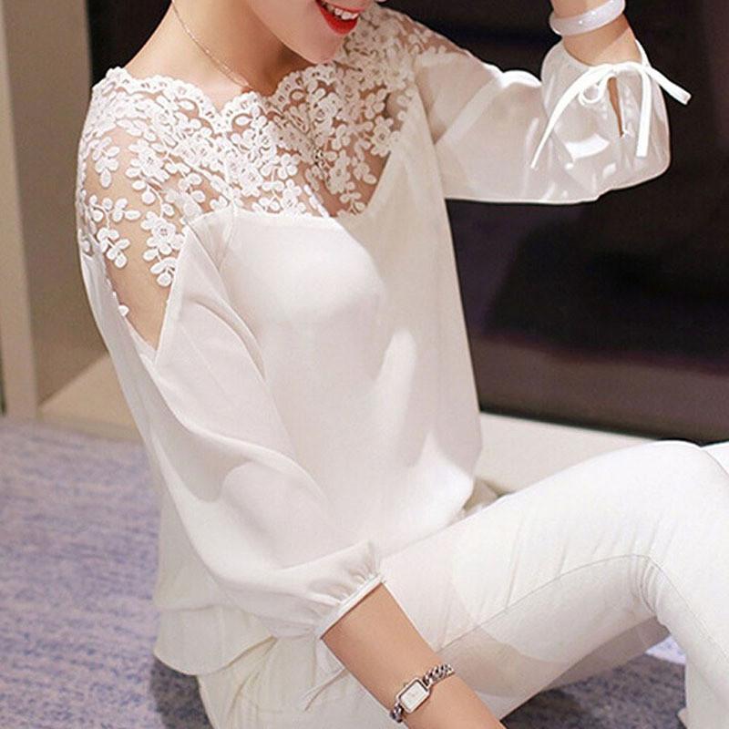Women Lace Stitching Chiffon Blouse
