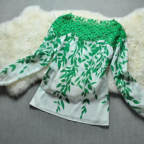 Women Lace Hollow Neck Leaf Print Blouse