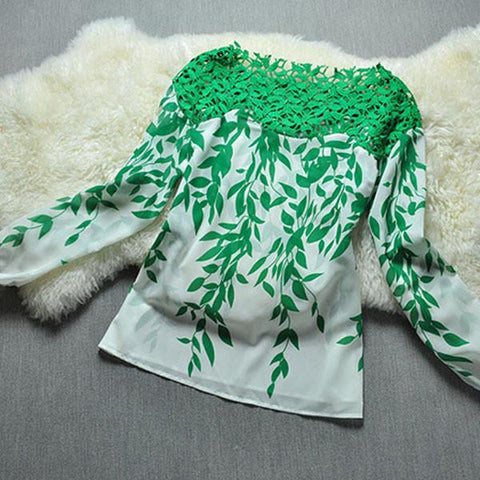 Women Lace Hollow Neck Leaf Print Blouse