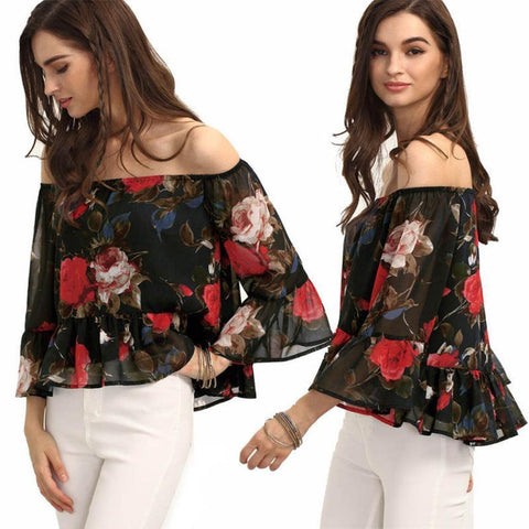 Sexy Women Off Shoulder Floral Chiffon Blouse
