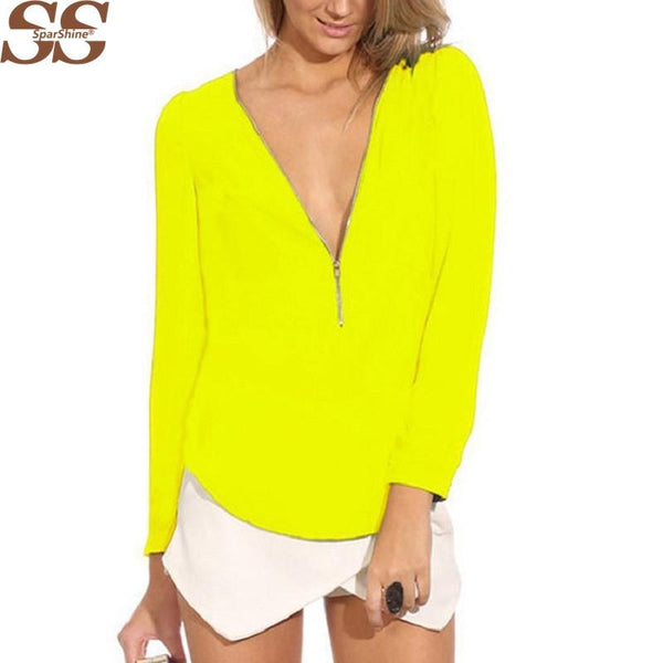 Fashion Solid Chiffon V Women Blouse