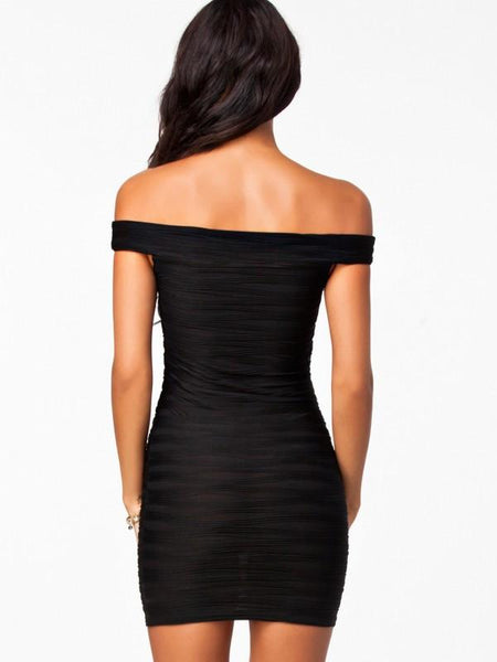 Slash Neck Black Solid Color Short Dress
