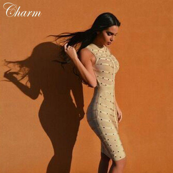 New Beige Beading Sexy Mesh Women Dress