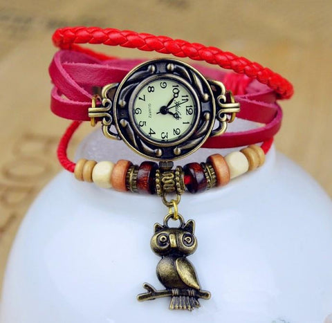 Cute Owl Genuine Cow Leather Bracelet Watch