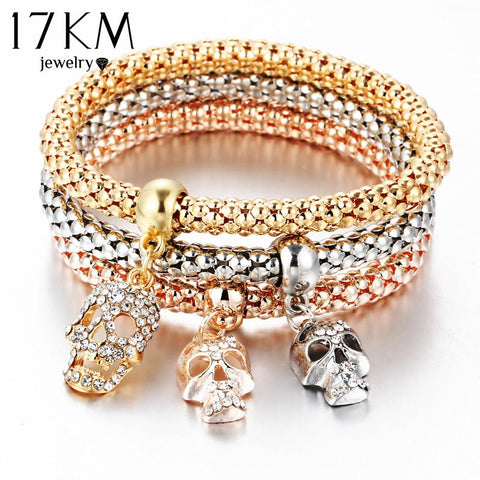 17KM New Fashion Gold Color Crystal Skull Bracelet